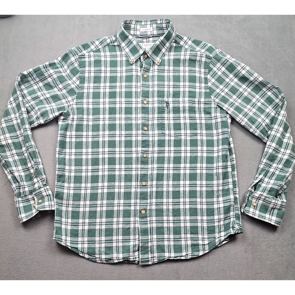 US Polo Assn Men's‎ Plaid Linen Blend Button Down Shirt Tailored Fit Size Large